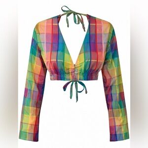 Y2K Plaid Crop Top Tie Back Rainbow Festival Long Sleeve XS S